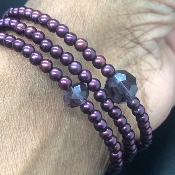 Eggplant Purple Faux Pearl 3 Coil Strand Wrap Bracelet - Picture 6 of 15